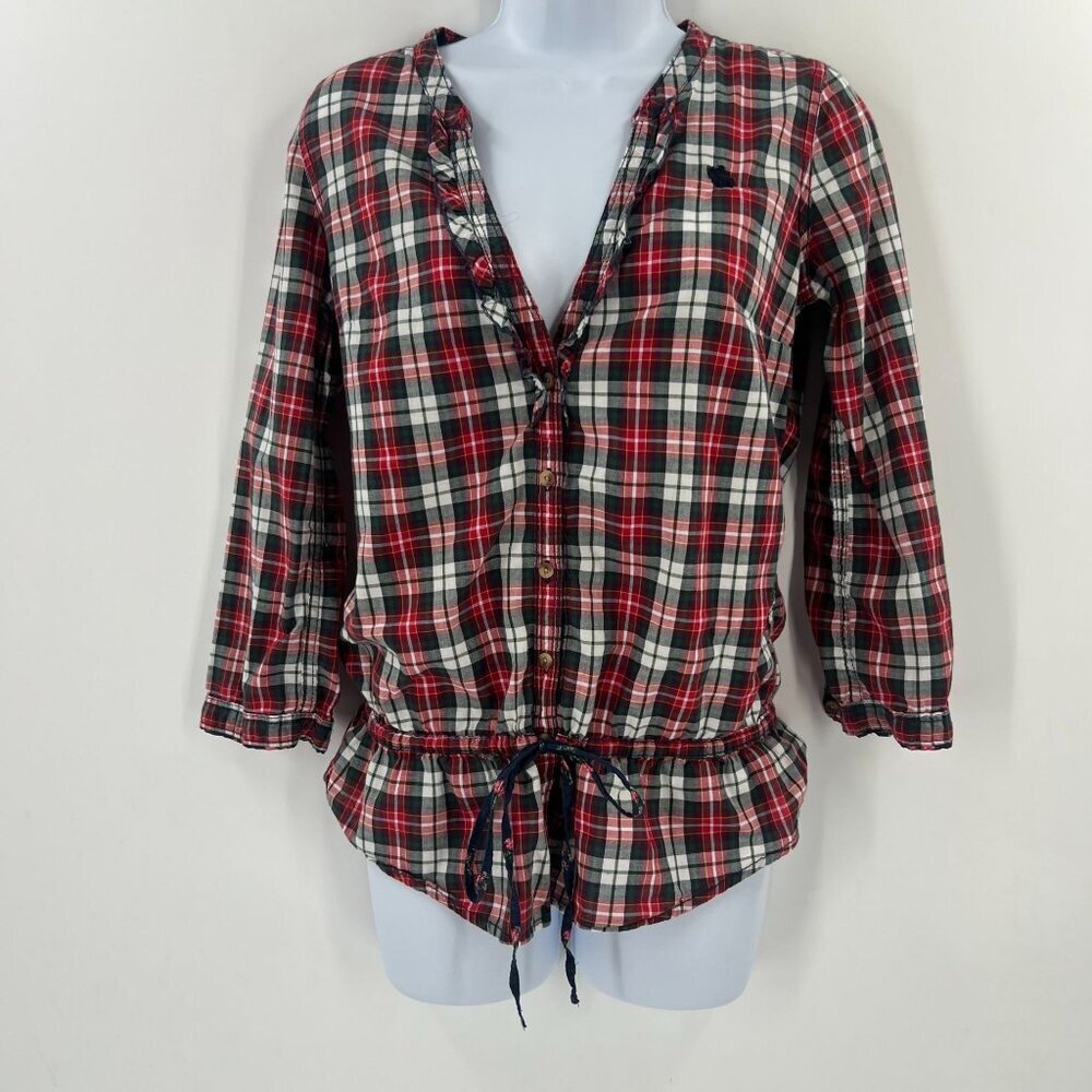 Abercrombie & Fitch Y2K Holiday Plaid Blouse S Drawstring‎ Ruffle Hem Preppy